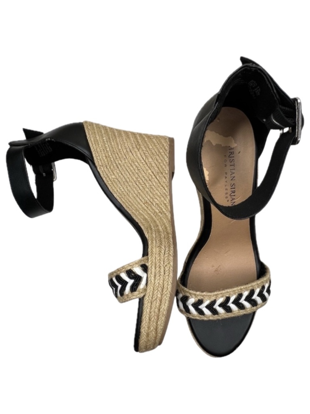 Christian Siriano Wedge Sandals Jute Platform Espadrilles Black Tan Chevron 7.5